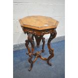 A 19TH CENTURY BURR WALNUT OCTAGONAL TRUMPET WORK TABLE, the quarter veneer top enclosing a fitted