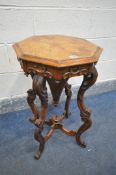 A 19TH CENTURY BURR WALNUT OCTAGONAL TRUMPET WORK TABLE, the quarter veneer top enclosing a fitted
