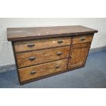 A 19TH CENTURY PINE SIDEBOARD/WORKSHOP CABINET, with an arrangement of four drawers and single