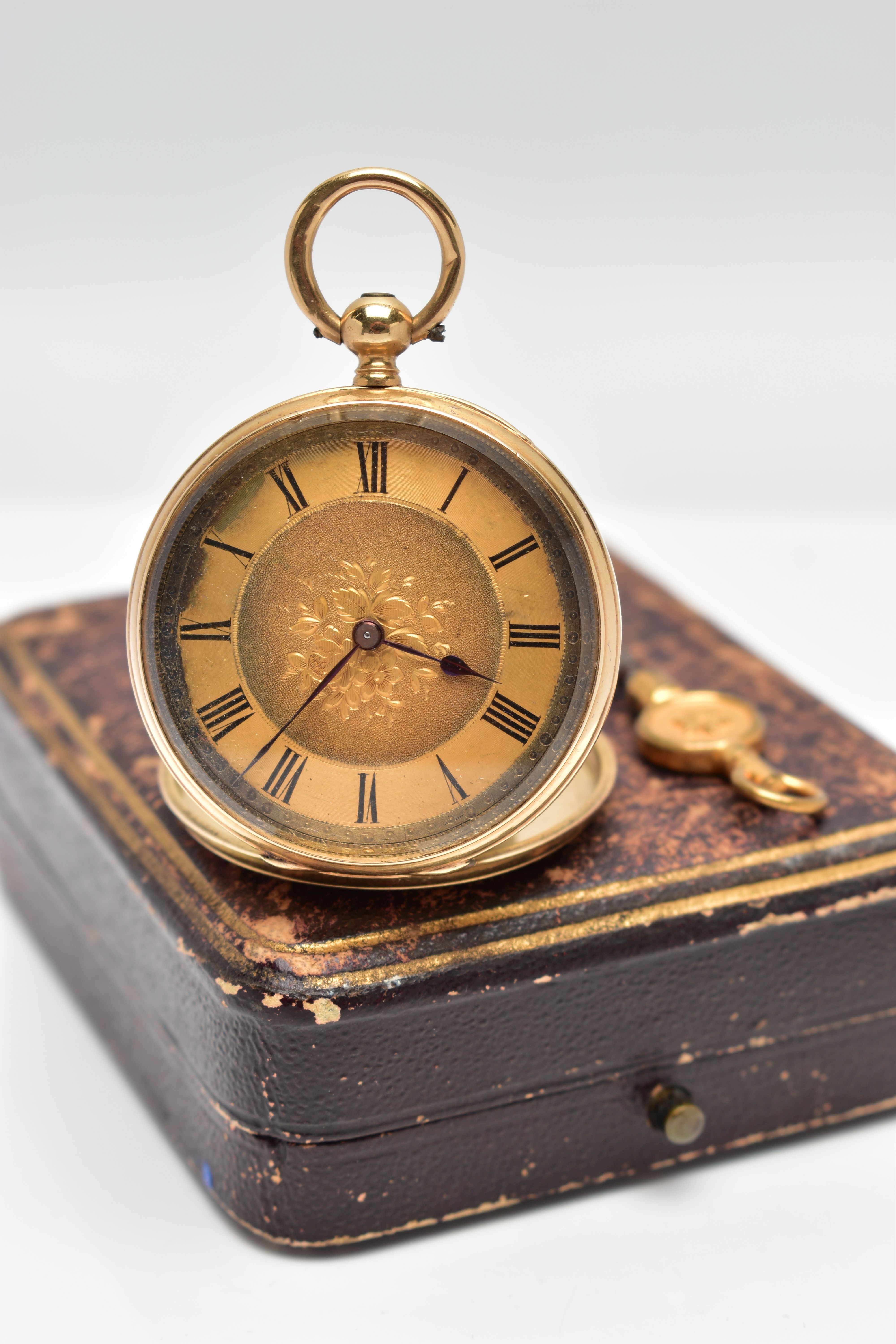 A LATE 19TH CENTURY 18CT GOLD POCKET WATCH, a ladys key wound pocket watch, gold tone floral dial, - Image 2 of 7