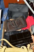 A BOX AND LOOSE HANDBAGS AND BRIEFCASES ETC,