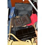 A BOX AND LOOSE HANDBAGS AND BRIEFCASES ETC,