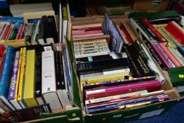 FOUR BOXES OF BOOKS, over one hundred hardback and paperback titles to include art, music, magazines