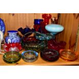 A COLLECTION OF COLOURED ART GLASS, comprising a red Murano Floriform silver aventurine dish, a