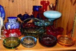 A COLLECTION OF COLOURED ART GLASS, comprising a red Murano Floriform silver aventurine dish, a