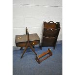 AN EARLY 20TH CENTURY OAK MAGAZINE/NEWSPAPER RACK, width 38cm x depth 15cm x height 78cm, and an oak