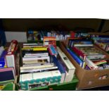 SIX BOXES OF ASSORTED MOTORING BOOKS to include over one hundred and twenty books, road atlases, two