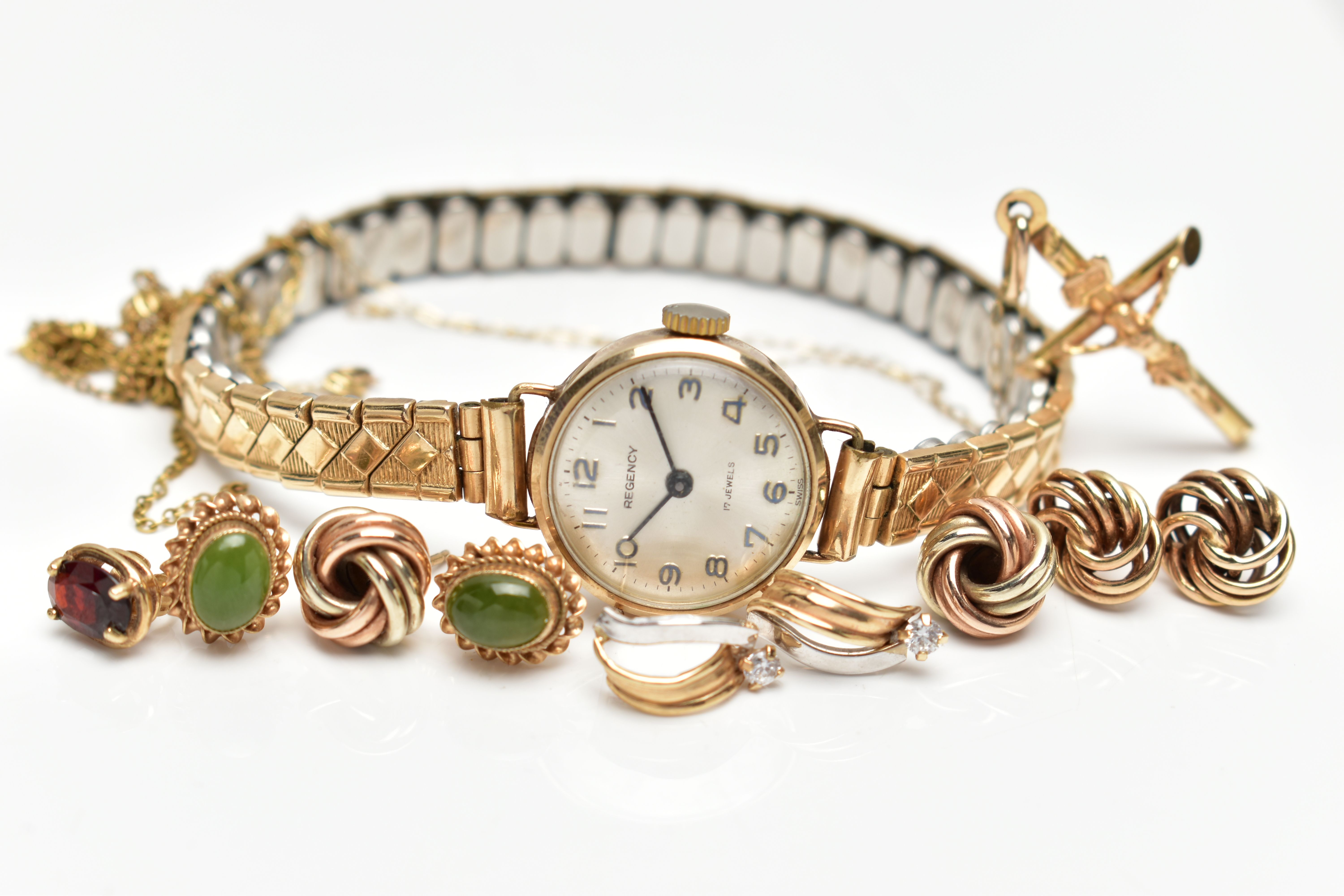 A LADIES 9CT GOLD WATCH AND JEWELLERY, a ladies manual wind 'Regency' wristwatch, round silver dial,