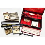 A BOX OF MISCELANEOUS ITEMS, to include a black jewellery box with contents of costume jewellery