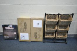 AN EBONISED STAND HOLDING SIX WICKER BASKETS, width 70cm x height 91cm, a pair of boxed Argos Home