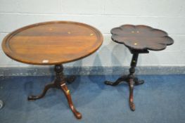 A REPRODUCTION HARDWOOD CIRCULAR DISH TOP TILT TOP TRIPOD TABLE, with a bird cage support, turned