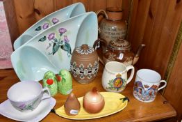 A GROUP OF CERAMICS AND STONE WARE, comprising a c1881 Doulton-Lambeth commemorative salt glazed