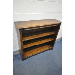 A SOLID OAK OPEN BOOKCASE, with two drawers, width 107cm x depth 31cm x height 91cm (condition:-