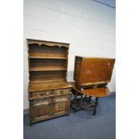 AN OLD CHARM OAK DRESSER, width 93cm x depth 44cm x height 176cm x height of base 71cm, and two