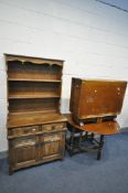 AN OLD CHARM OAK DRESSER, width 93cm x depth 44cm x height 176cm x height of base 71cm, and two