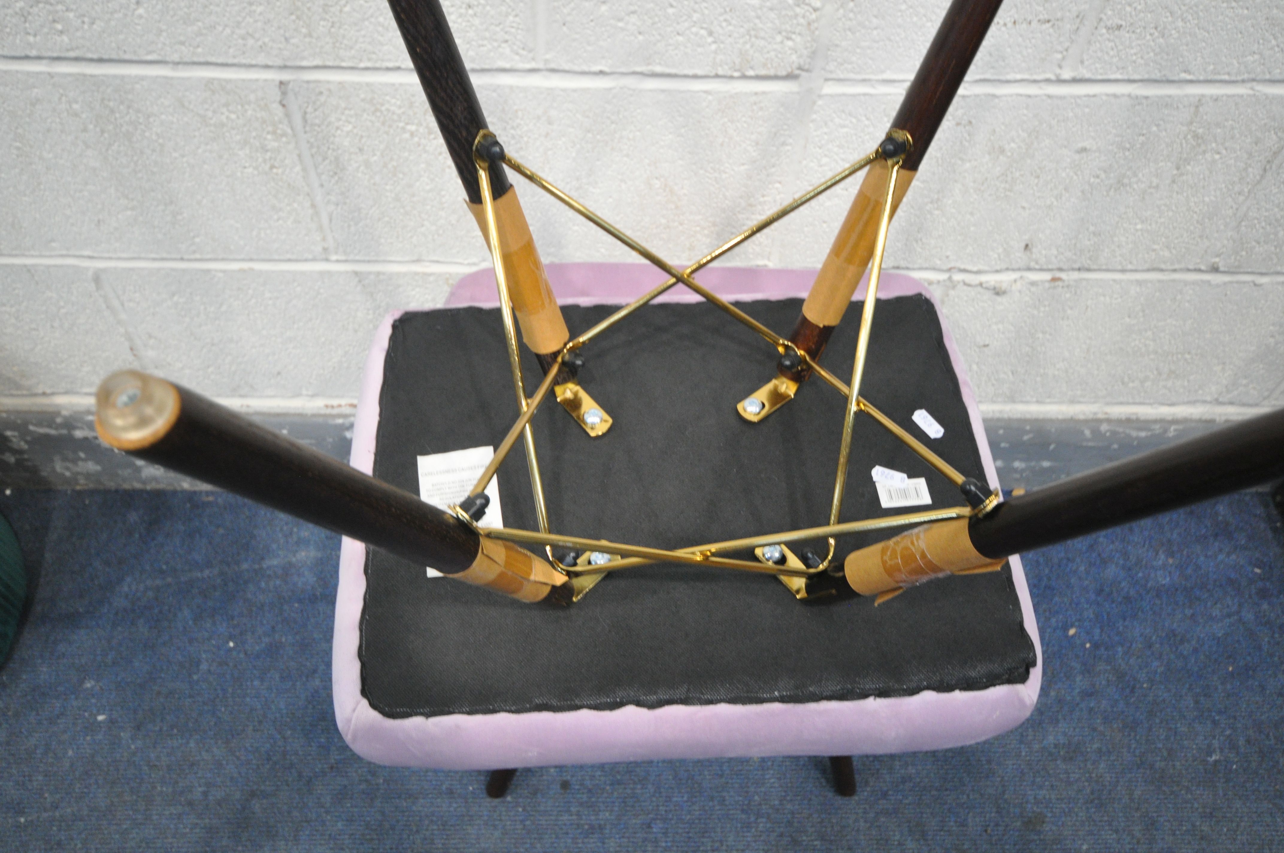 A PAIR OF LIGHT PURPLE UPHOLSTERED STOOLS, Charles and Ray Eames style legs, along with a circular - Image 3 of 3