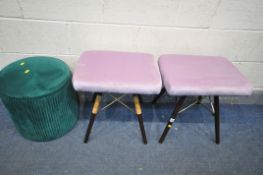 A PAIR OF LIGHT PURPLE UPHOLSTERED STOOLS, Charles and Ray Eames style legs, along with a circular