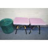 A PAIR OF LIGHT PURPLE UPHOLSTERED STOOLS, Charles and Ray Eames style legs, along with a circular