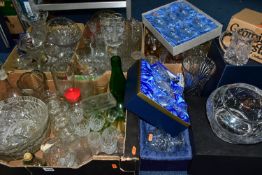 FOUR BOXES OF CUT CRYSTAL AND GLASSWARE, to include a boxed Tutbury Crystal trumpet vase, height