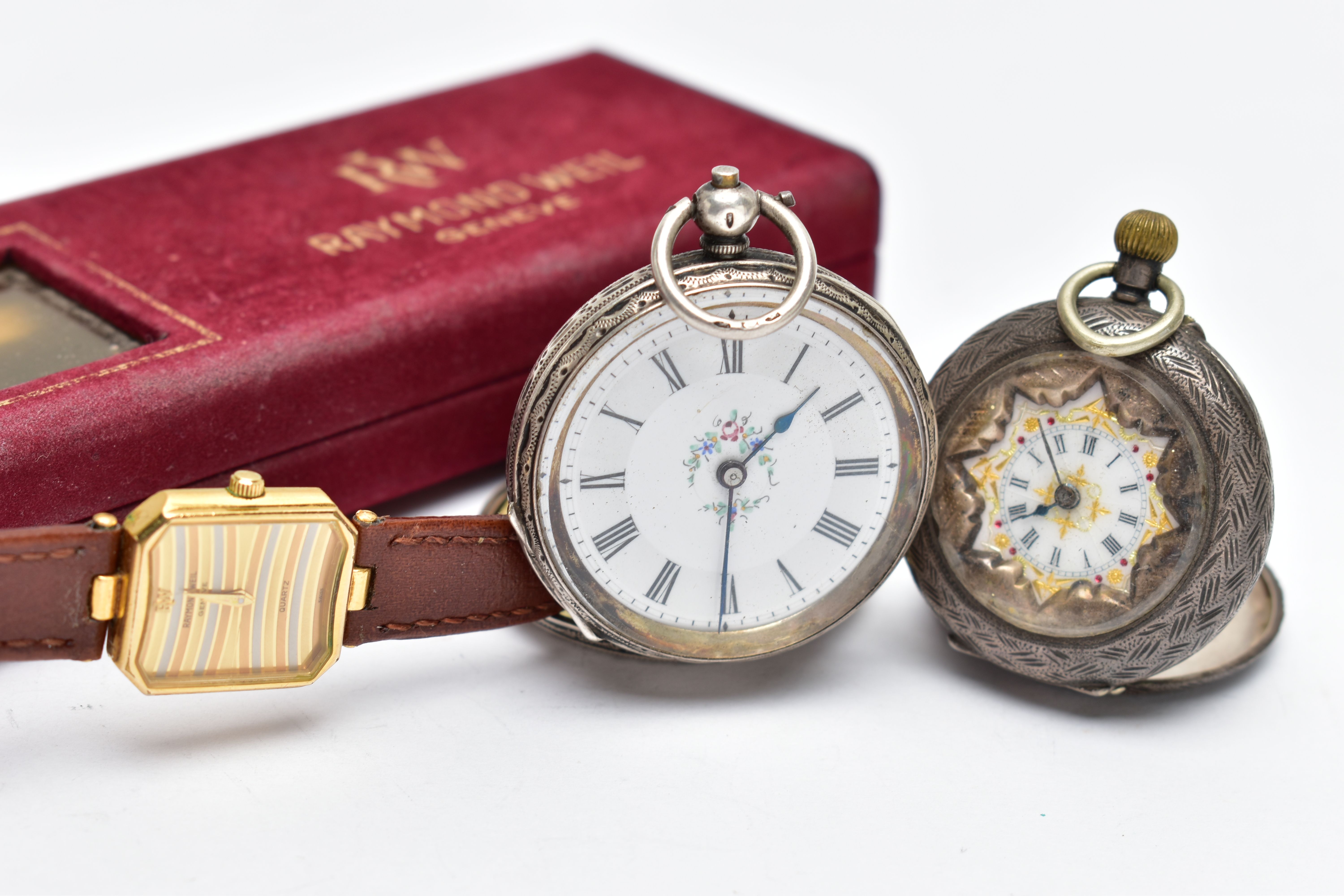 A 'RAYMOND WEIL' 18K GOLD PLATED WRISTWATCH AND TWO POCKET WATCHES, quartz movement, rectangular - Image 2 of 7