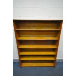 A WIDE OAK SIX TIER OPEN BOOKCASE, width 130cm x depth 29cm x height 165cm (condition - surface