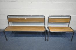 TWO INDUSTRIAL BENCHES, with wooden panels, largest bench length 150cm x short bench length 90cm (