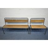 TWO INDUSTRIAL BENCHES, with wooden panels, largest bench length 150cm x short bench length 90cm (
