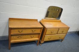 A MID CENTURY OAK TWO PIECE BEDROOM SUITE, comprising a dressing chest with a single mirror, two