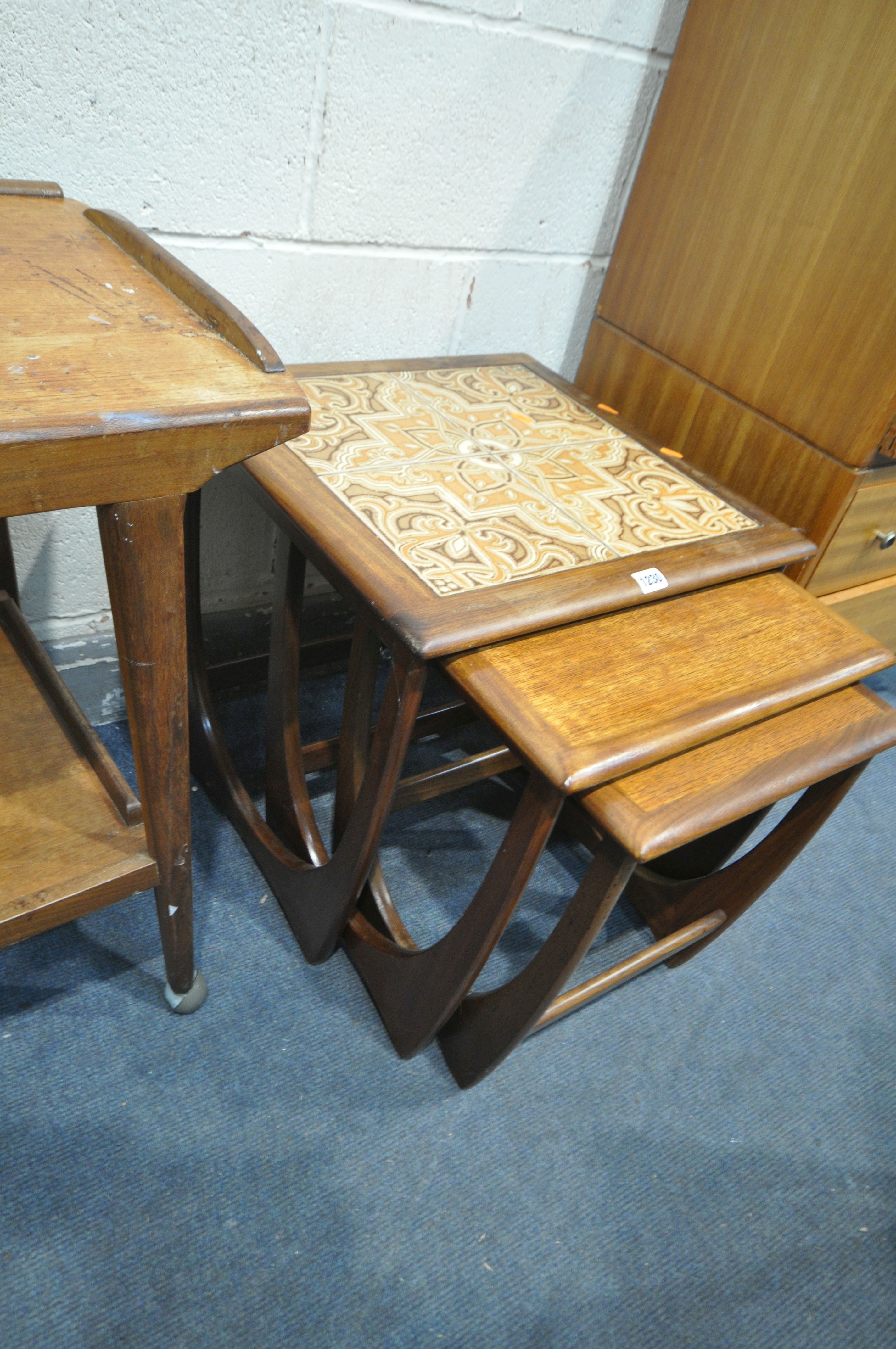 A G PLAN TILE TOP NEST OF THREE TABLES, largest table, 50cm cubed, a mid-century tea trolley, and - Image 3 of 5