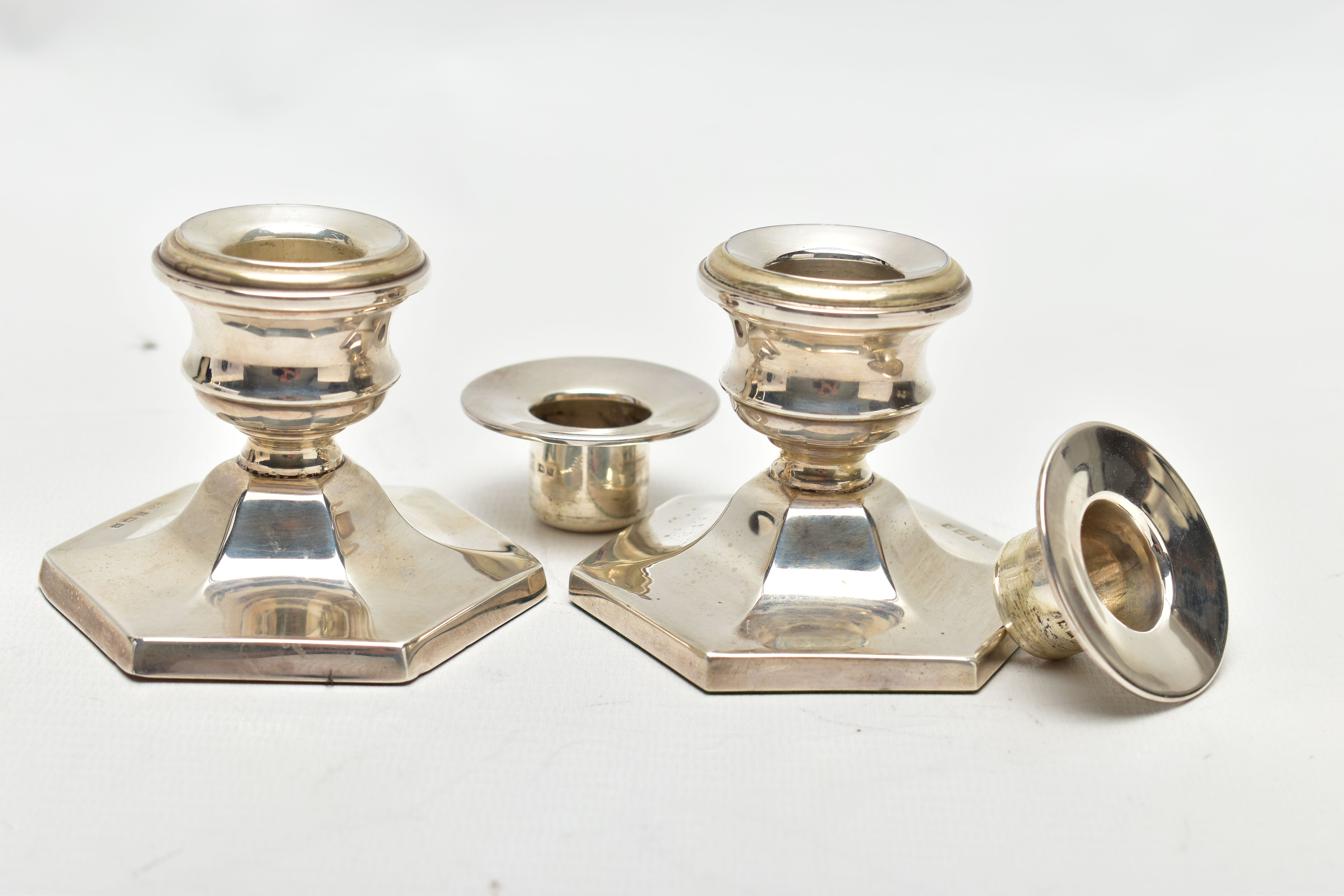 A PAIR OF SILVER CANDLE STICKS, two dwarf candle sticks, hexagonal weighted bases, approximate - Image 2 of 4
