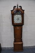 AN EARLY 19TH CENTURY OAK AND MAHOGANY BANDED EIGHT DAY LONG CASE CLOCK, the hood with three brass