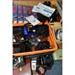 FOUR BOXES OF VINTAGE AND DIGITAL CAMERAS, to include a Prinz Lancer 8mm projector, a Prinz Cavalier