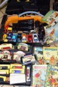 TWO BOXES OF TOYS AND BOOKS containing a collection of modern die-cast cars (Lledo) Scalextric