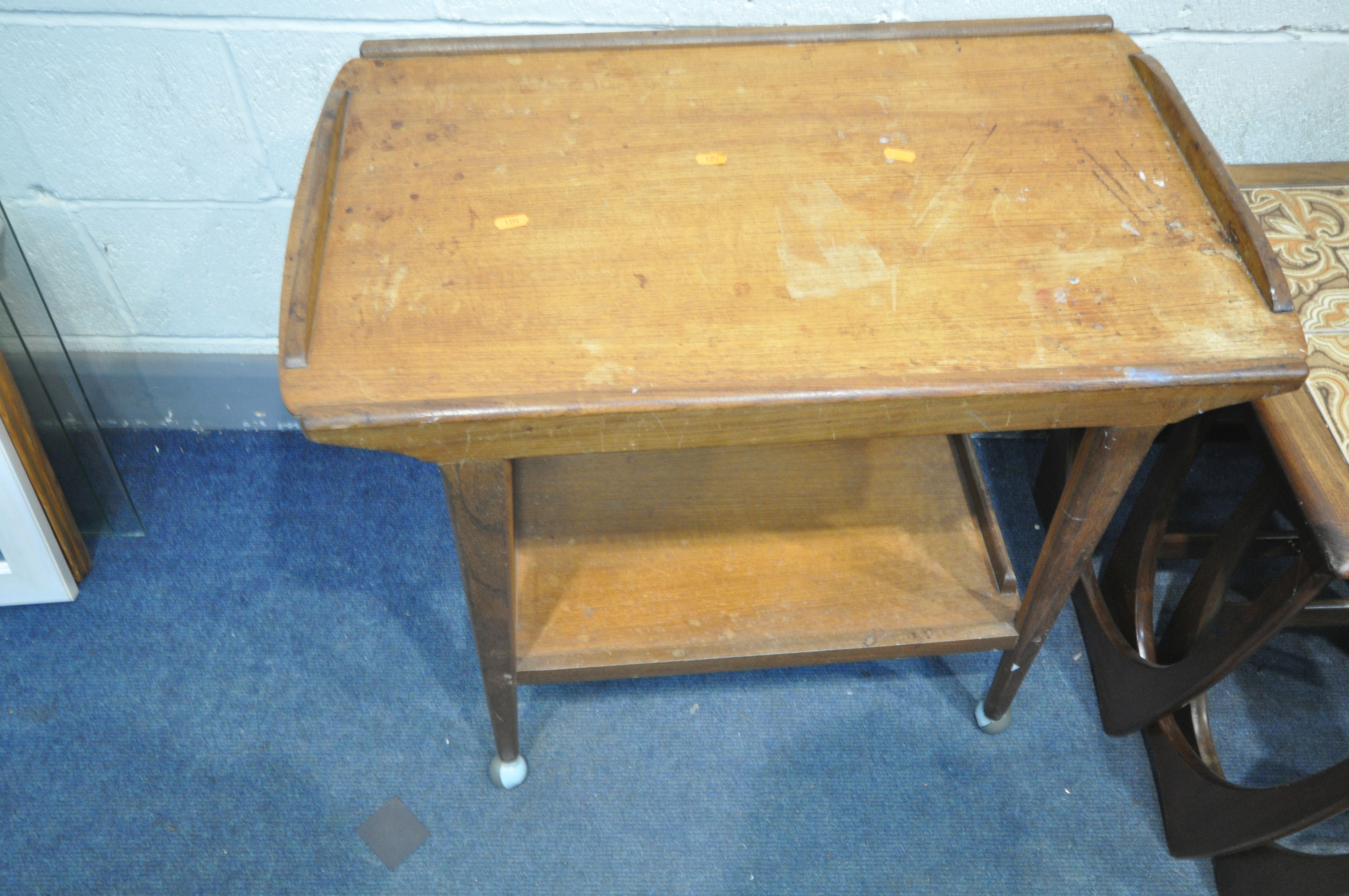 A G PLAN TILE TOP NEST OF THREE TABLES, largest table, 50cm cubed, a mid-century tea trolley, and - Image 4 of 5