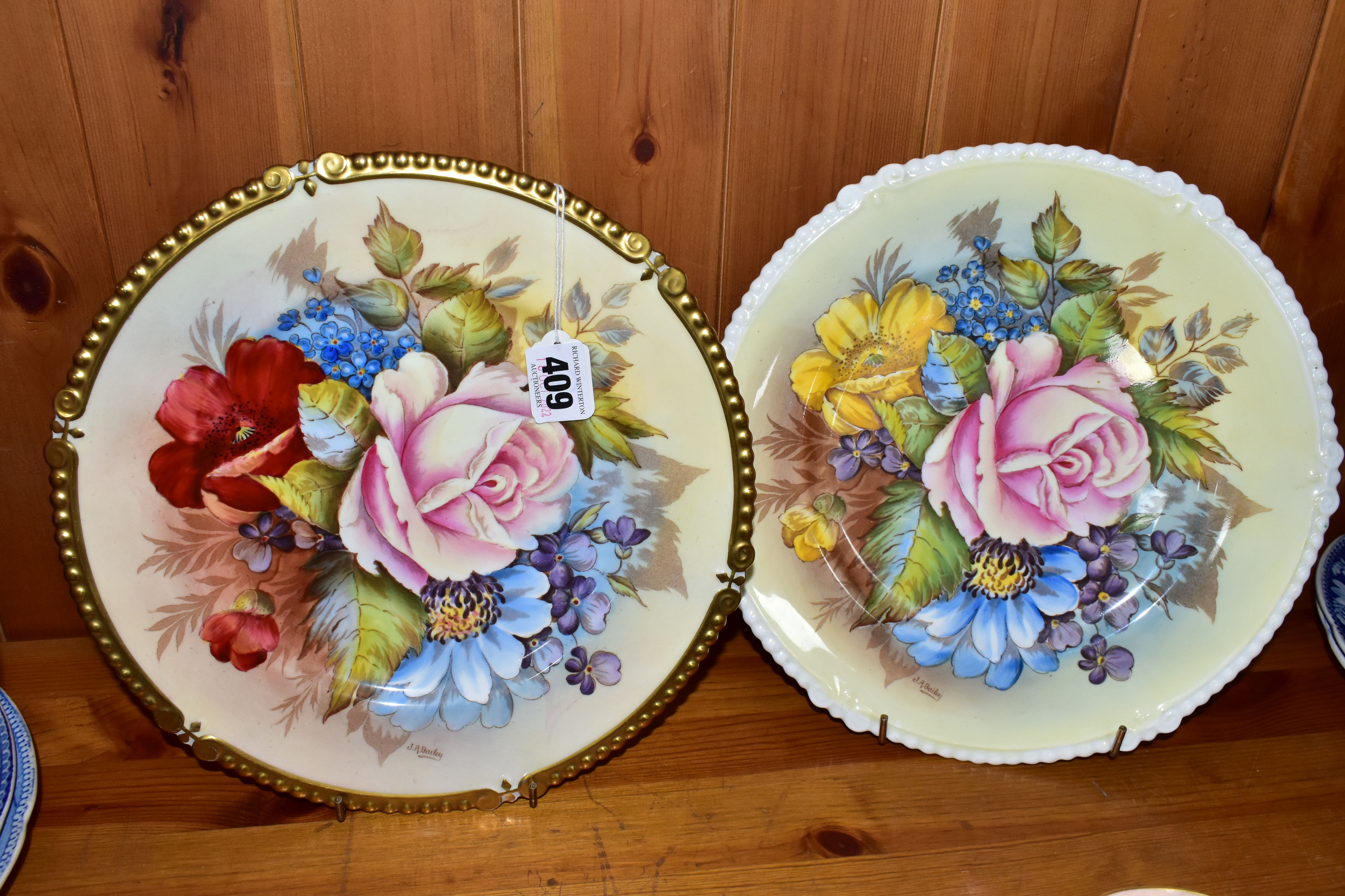 TWO AYNSLEY WAVY RIMMED FLORAL DECORATED CABINET PLATES BY JOSEPH A. BAILEY, bear signature, pattern