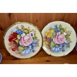 TWO AYNSLEY WAVY RIMMED FLORAL DECORATED CABINET PLATES BY JOSEPH A. BAILEY, bear signature, pattern