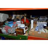 FOUR BOXES OF ASSORTED CERAMICS, ORNAMENTS AND CDS, to include a studio pottery cup and saucer