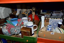 FOUR BOXES OF ASSORTED CERAMICS, ORNAMENTS AND CDS, to include a studio pottery cup and saucer