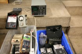 TWO TRAYS CONTAINING VINTAGE TEST AND RADIO EQUPIMENT including a Yaesu YO-100 oscilloscope, a