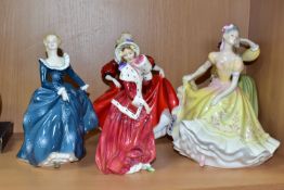 A COALPORT LADIES OF FASHION 'PEGGY' AND FOUR ROYAL DOULTON LADY FIGURES, comprising 'Ninette'