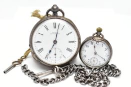 TWO SILVER POCKET WATCHES AND A SILVER CHAIN, the first an Edwardian silver open face pocket