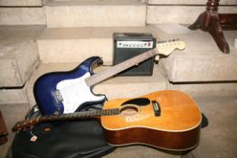 A HOHNER MW-400M ACOUSTIC GUITAR , an unbranded strat type guitar and a GA 15 pracitice amp