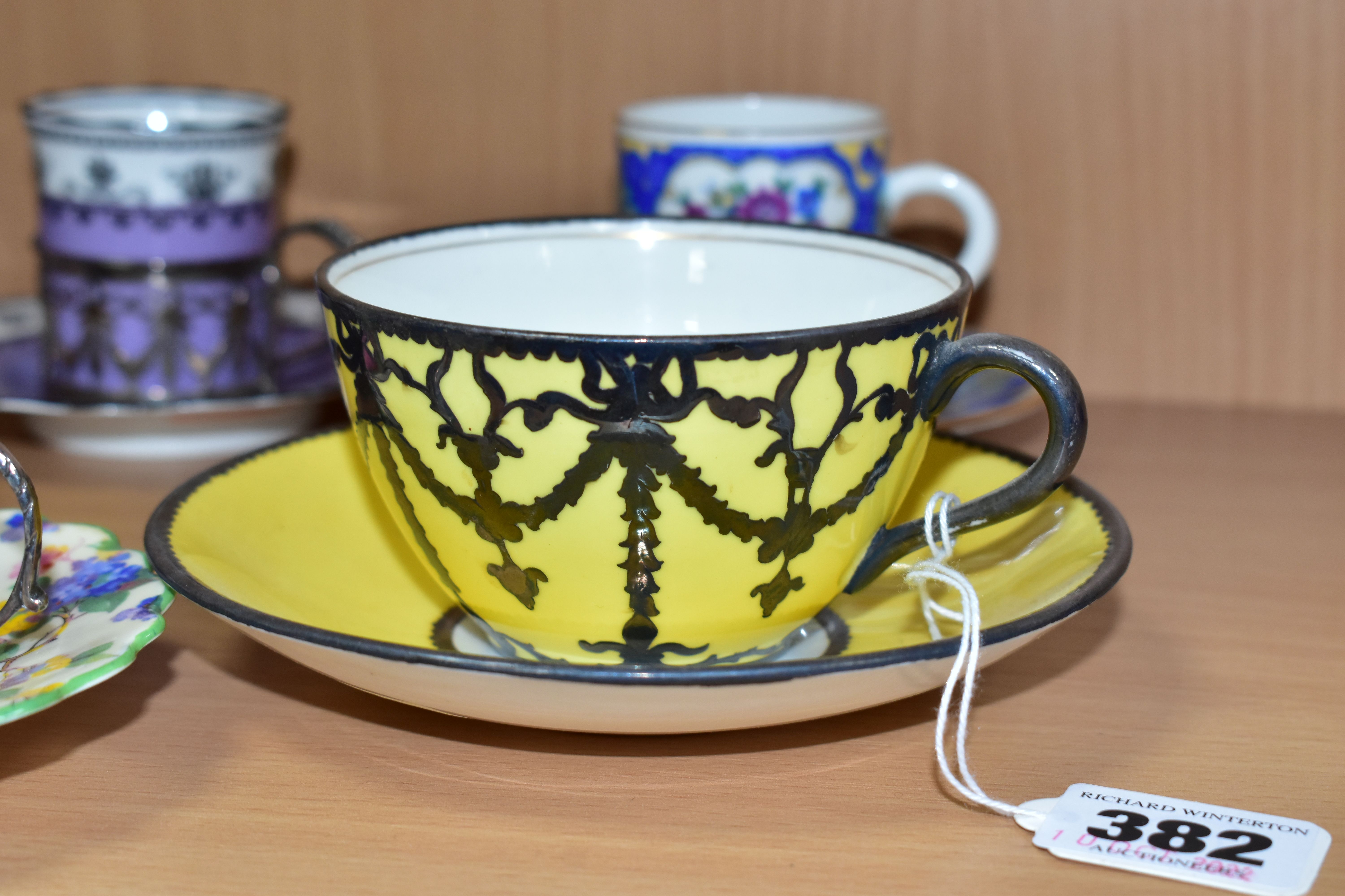 AN EARLY 20TH CENTURY AYNSLEY YELLOW TEA CUP AND SAUCER WITH WHITE METAL OVERLAY AND SEVEN AYNSLEY - Image 2 of 7