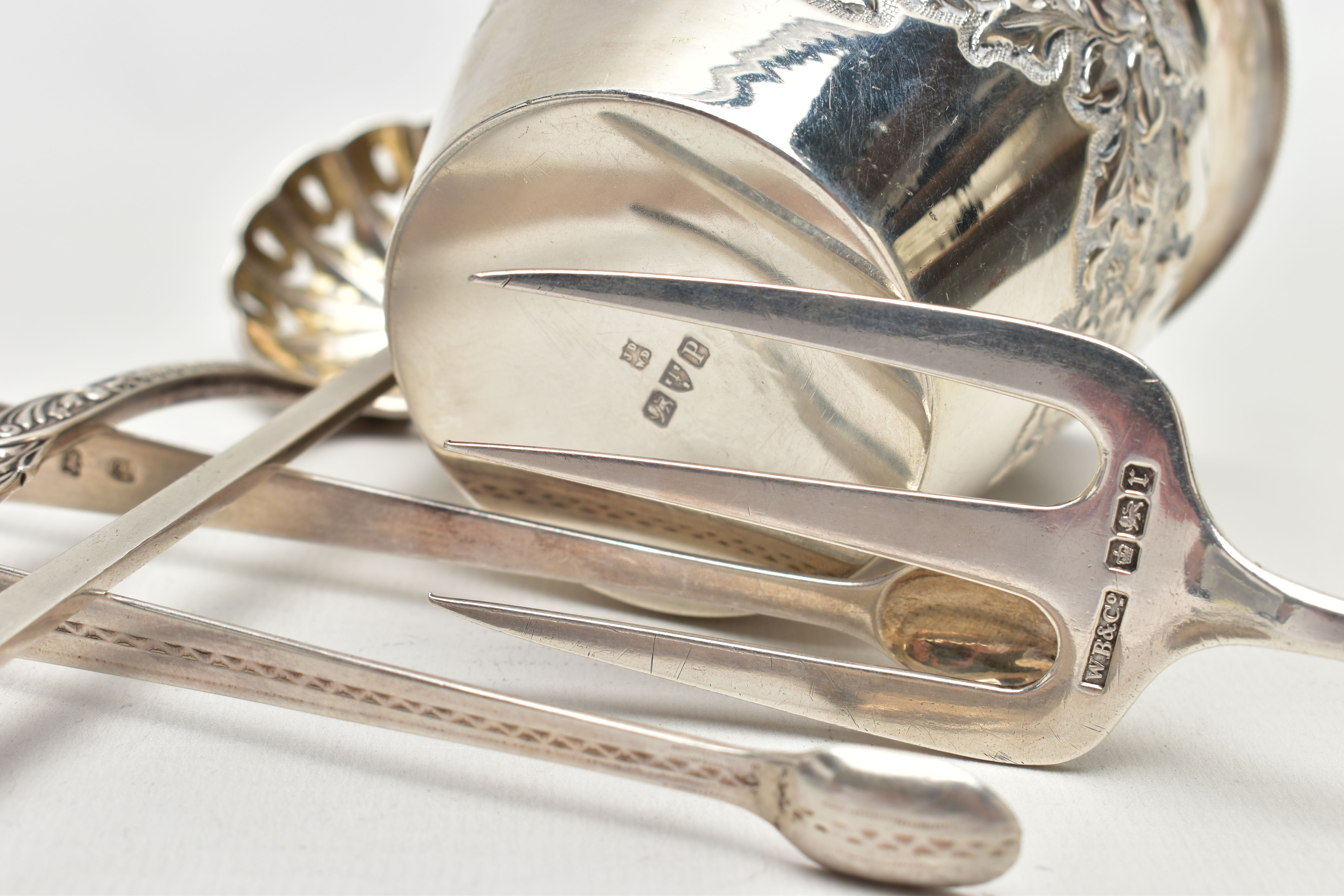 A SELECTION OF SILVER ITEMS, to include an embossed floral desinged pot, hallmarked 'James - Image 6 of 6