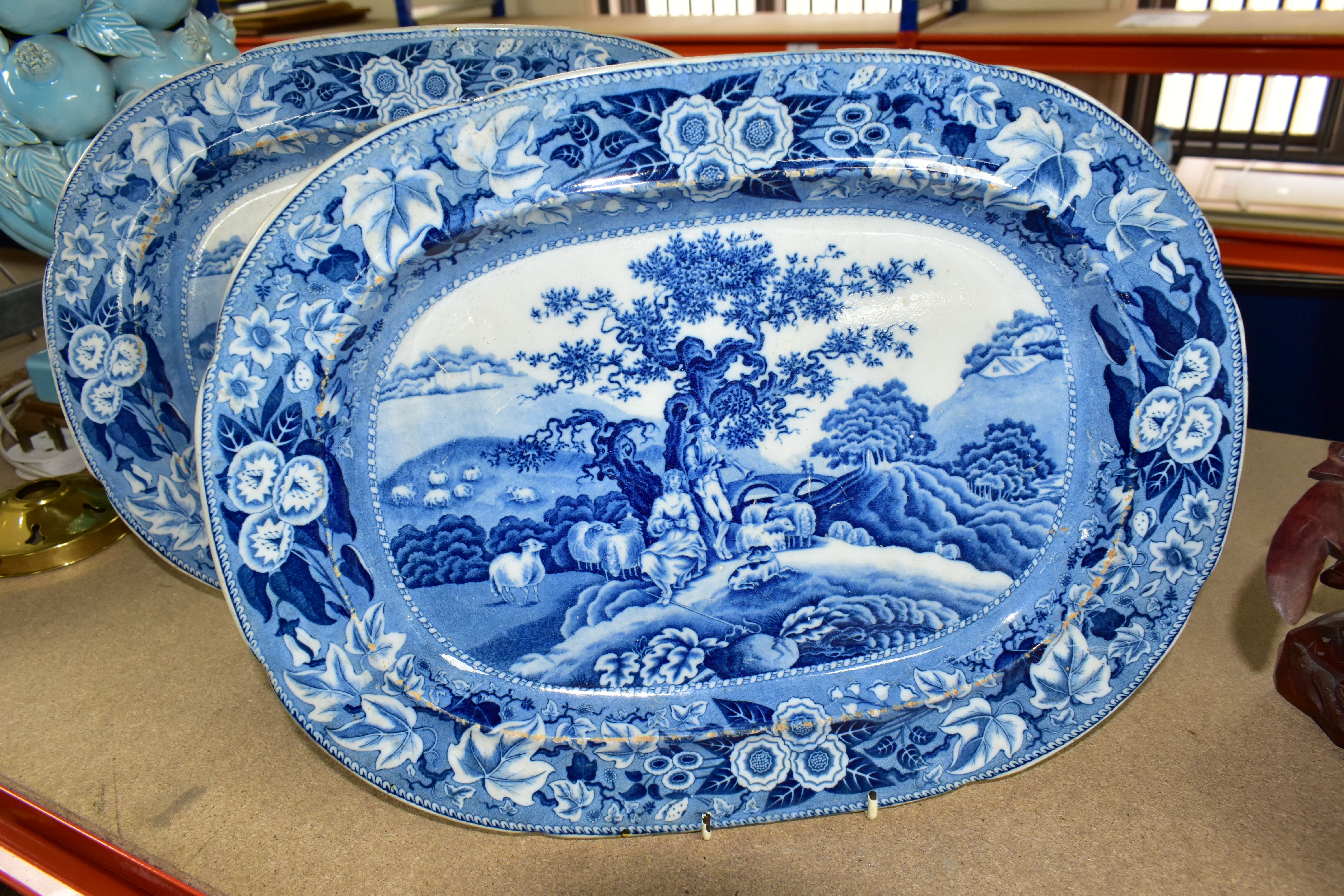 TWO 19TH CENTURY BLUE AND WHITE MEAT PLATES, both in a rectangular form, decorated with a resting - Image 2 of 5