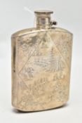 A CHINESE WHITE METAL HIP FLASK, decorated with an engraved oriental scene, with temples, boats