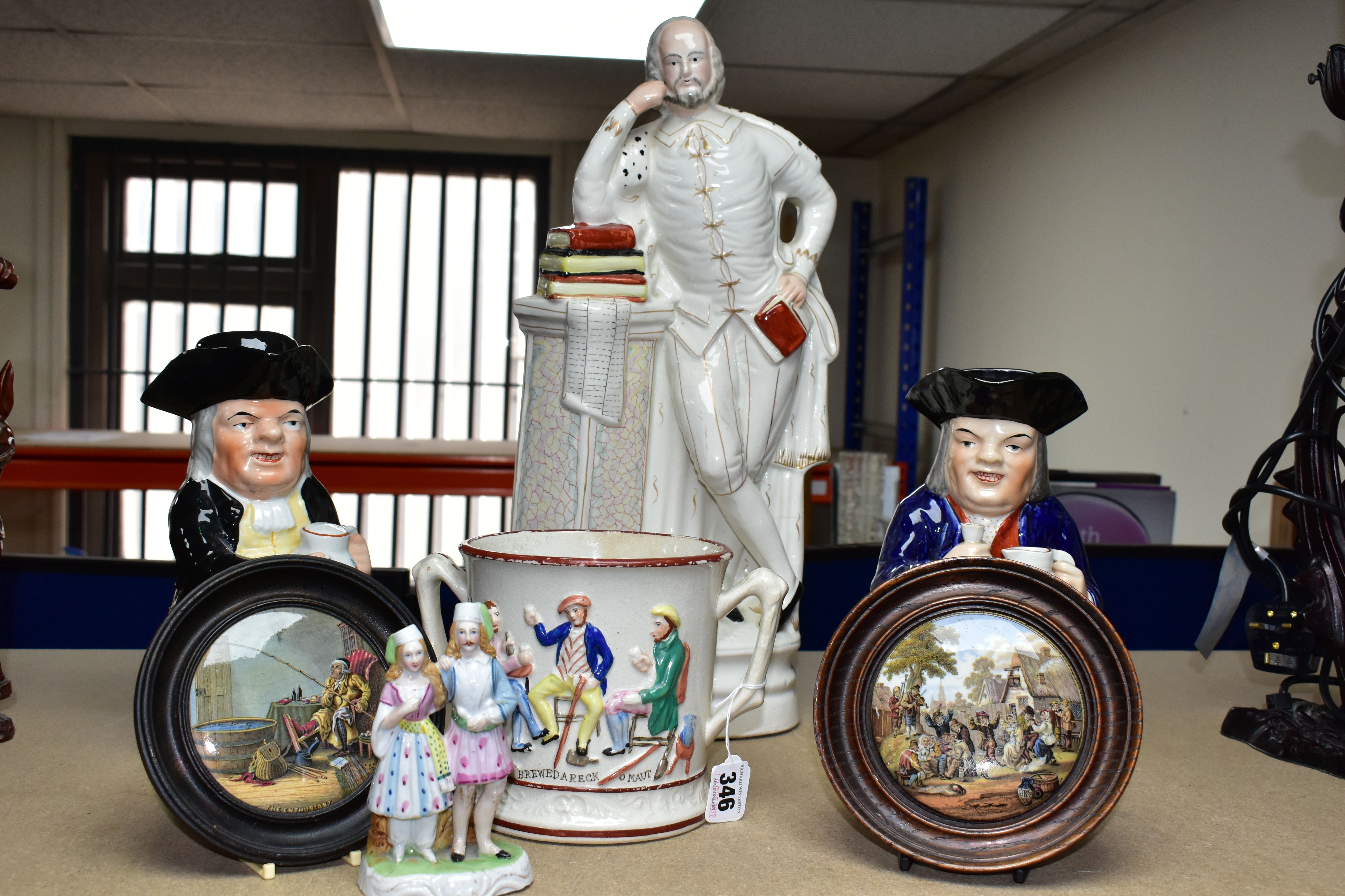 A GROUP OF SEVEN EARLY VICTORIAN CERAMICS, comprising a large Staffordshire figure of Shakespeare