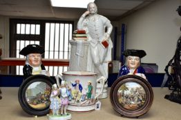 A GROUP OF SEVEN EARLY VICTORIAN CERAMICS, comprising a large Staffordshire figure of Shakespeare