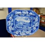A 19TH CENTURY BLUE AND WHITE MEAT PLATE OF SHAPED RECTANGULAR FORM WITH GRAVY WELL AND PRINTED WITH