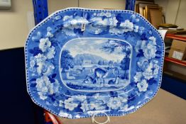 A 19TH CENTURY BLUE AND WHITE MEAT PLATE OF SHAPED RECTANGULAR FORM WITH GRAVY WELL AND PRINTED WITH